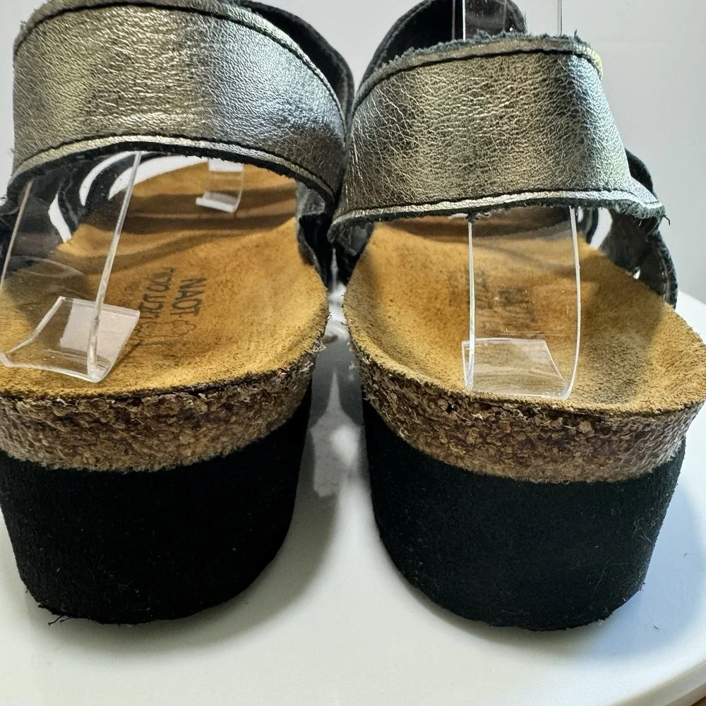 Naot Leather Strappy Boho Wedge Hook Loop‎ Cork Comfort Sandals 42 Gold Black